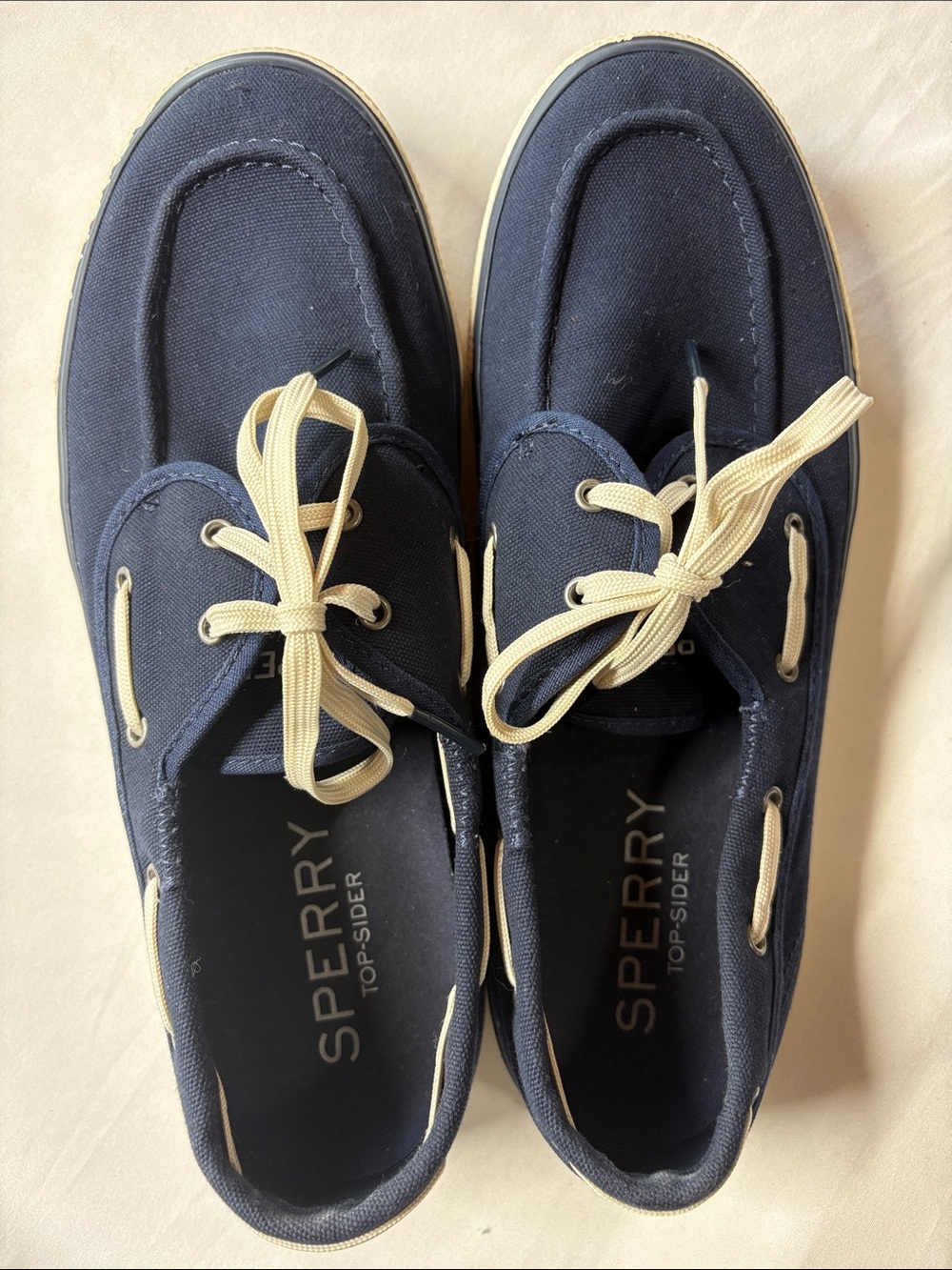 Sperry Navy Canvas Boat Shoes with Cream Laces